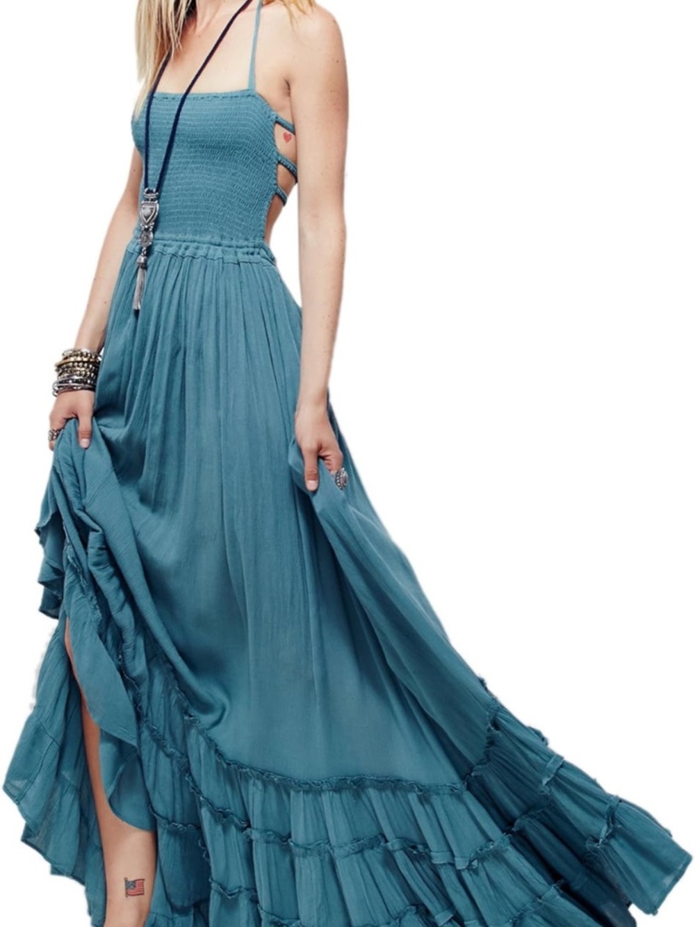 Smocked Teal Maxi Dress with Side Straps